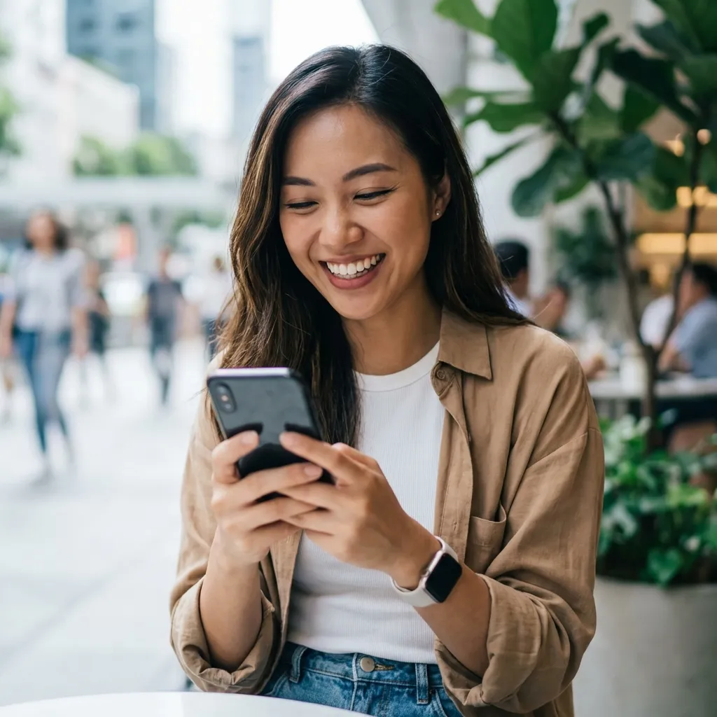 A happy person using their iPhone